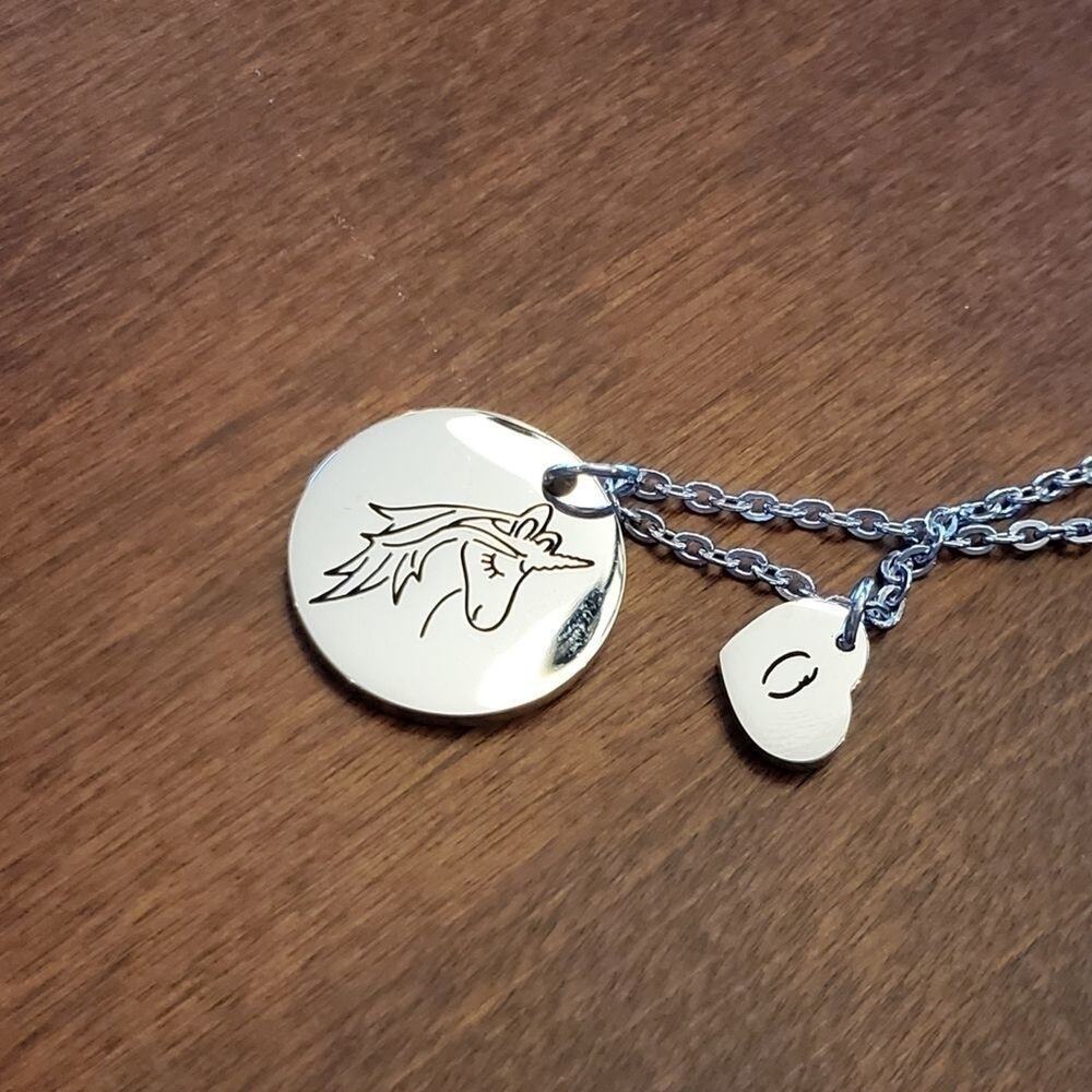Stainless Steel Unicorn Disc & Heart Initial C Pendant Necklace Silver Tone